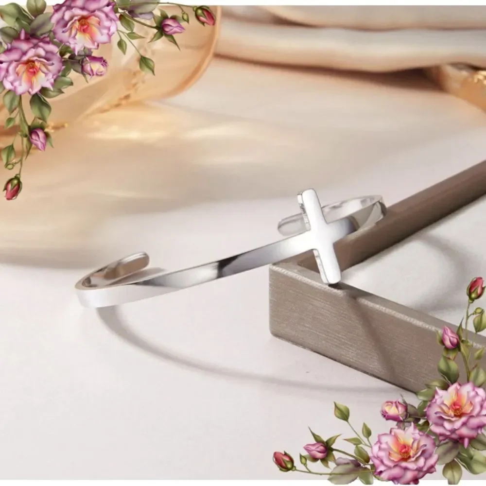 Silver Cross Cuff Bracelet - Women's Silver Tone Bracelet